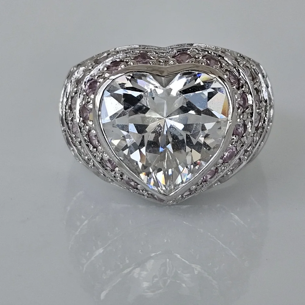 Perfect Heart Shaped Diamond & Pink Sapphire Simulant Ring Sterling Silver Sz 6! - Picture 5 of 6